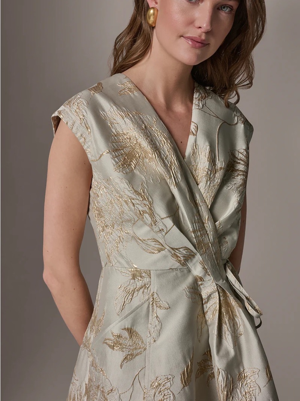 NWT Donna Karan Ivory Gold Floral Jacquard Wrap Midi Dress - Size 12 - Picture 10 of 12